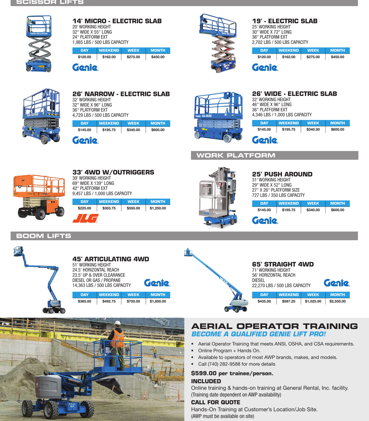General Rental aerial equipment section showing Genie and JLG scissor lifts and boom lifts from 14 feet to 65 feet, plus aerial operator training details
