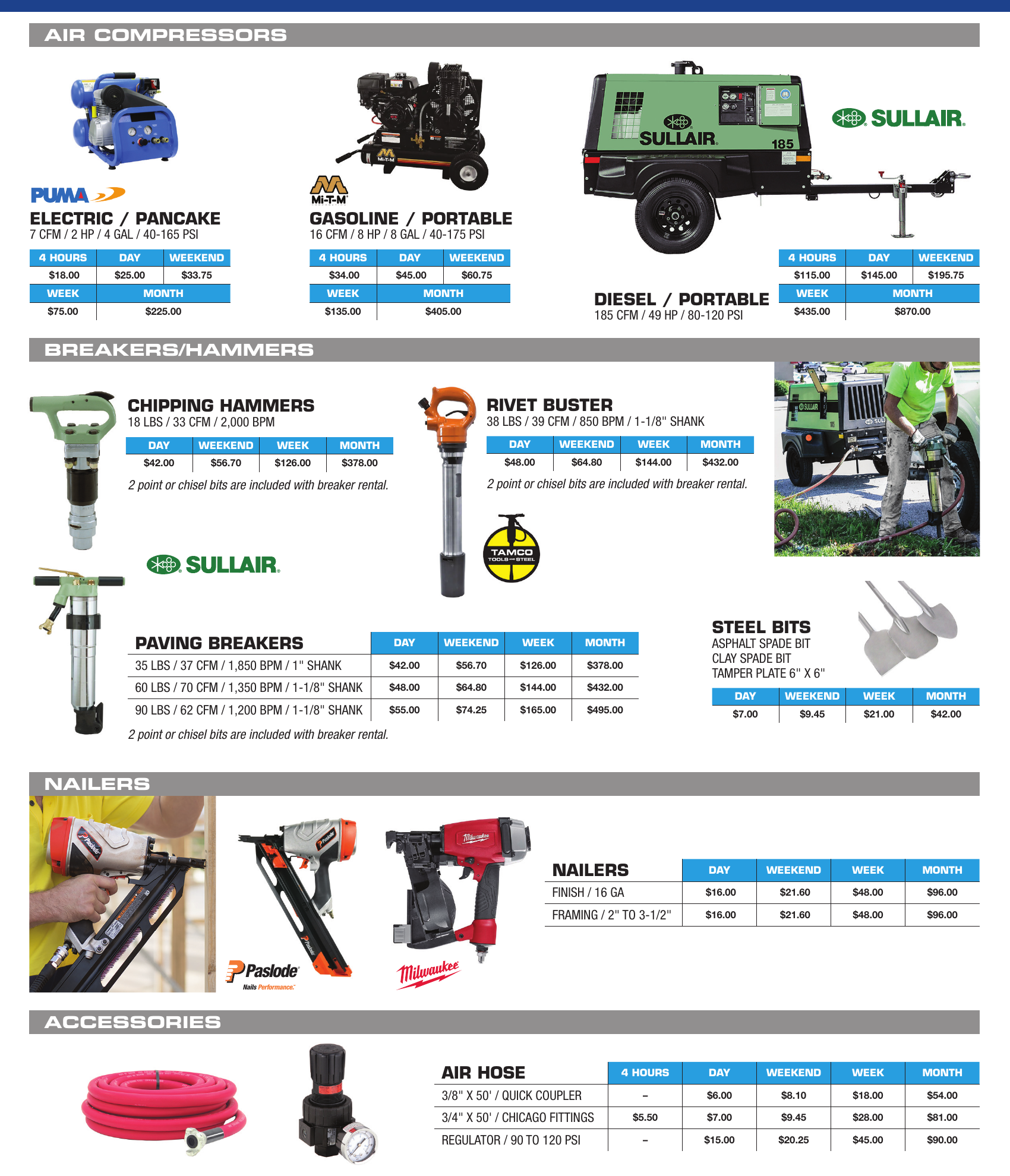 General Rental air compressor and air tool catalog section showing electric pancake, gas portable, and diesel portable compressors