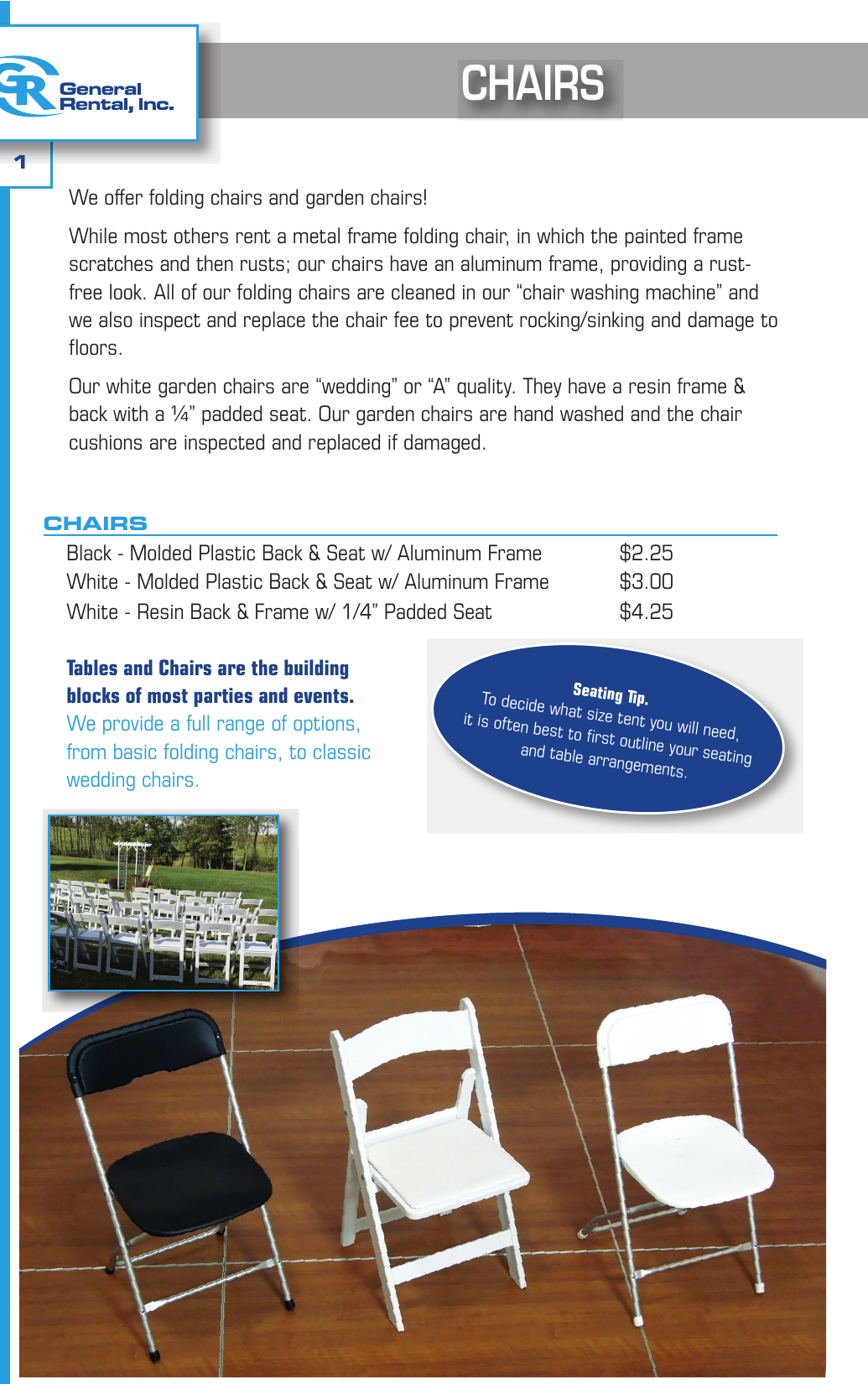General Rental event catalog chairs page showing black folding, white folding, and white resin garden (wedding) chairs with rates