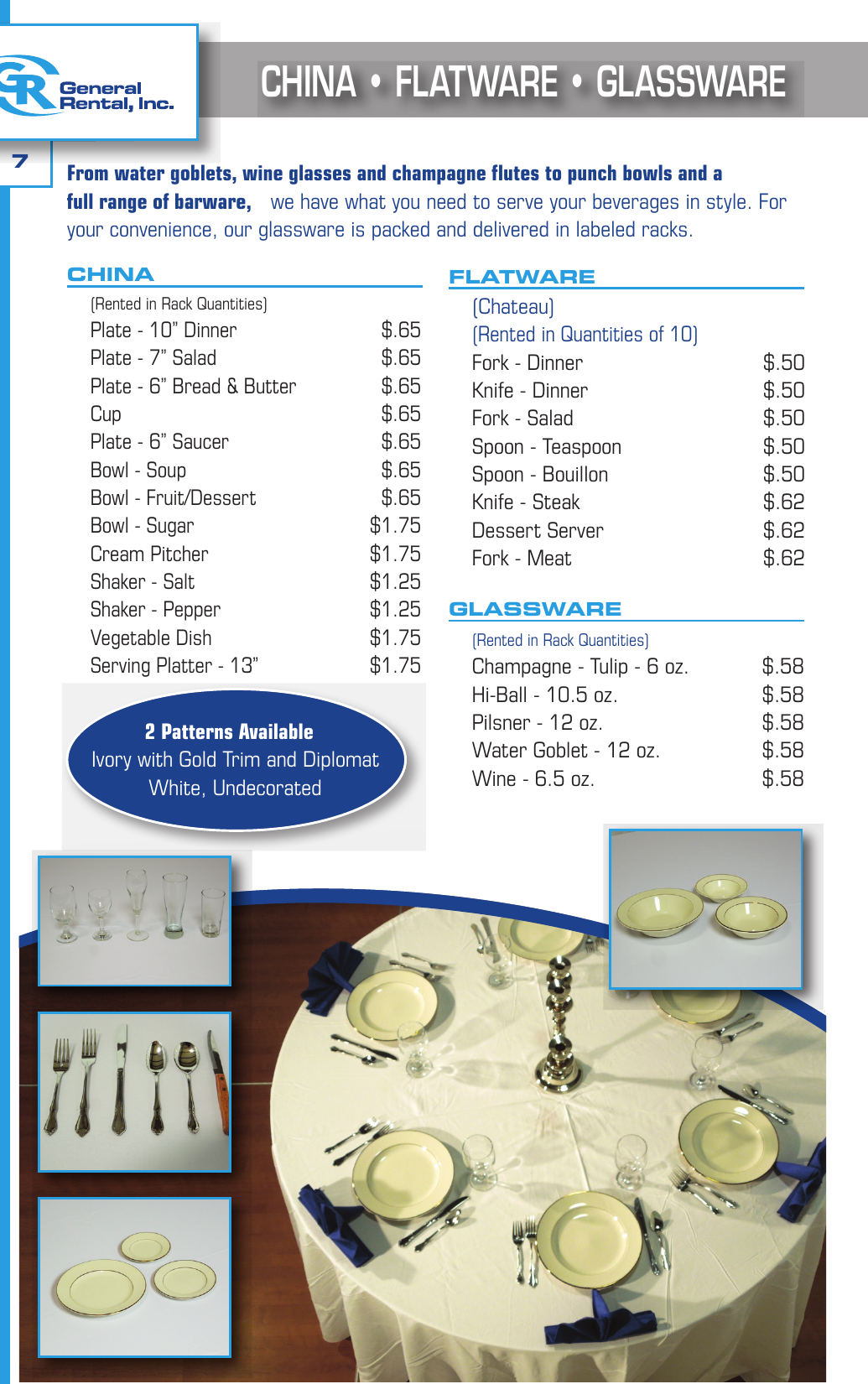 General Rental event catalog china, flatware, and glassware page showing rack items with prices and a fully set table
