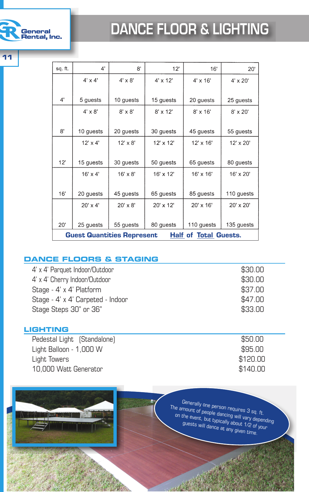 General Rental event catalog page showing dance floor sizing chart, dance floor and stage rates, and event lighting options