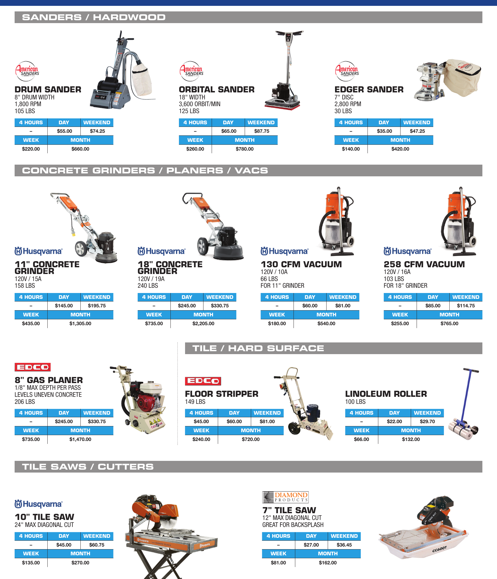 General Rental floor tools catalog section showing carpet tools, hardwood nailers, floor buffers, and cleaning and drying equipment