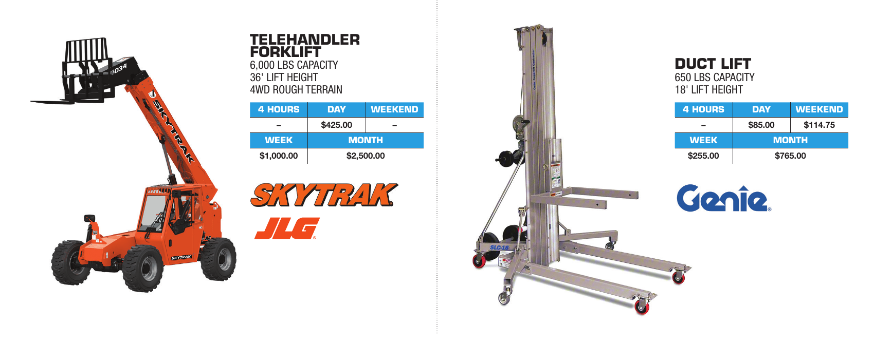 General Rental forklift and material handlers catalog section showing SkyTrak telehandler forklift and Genie duct lift