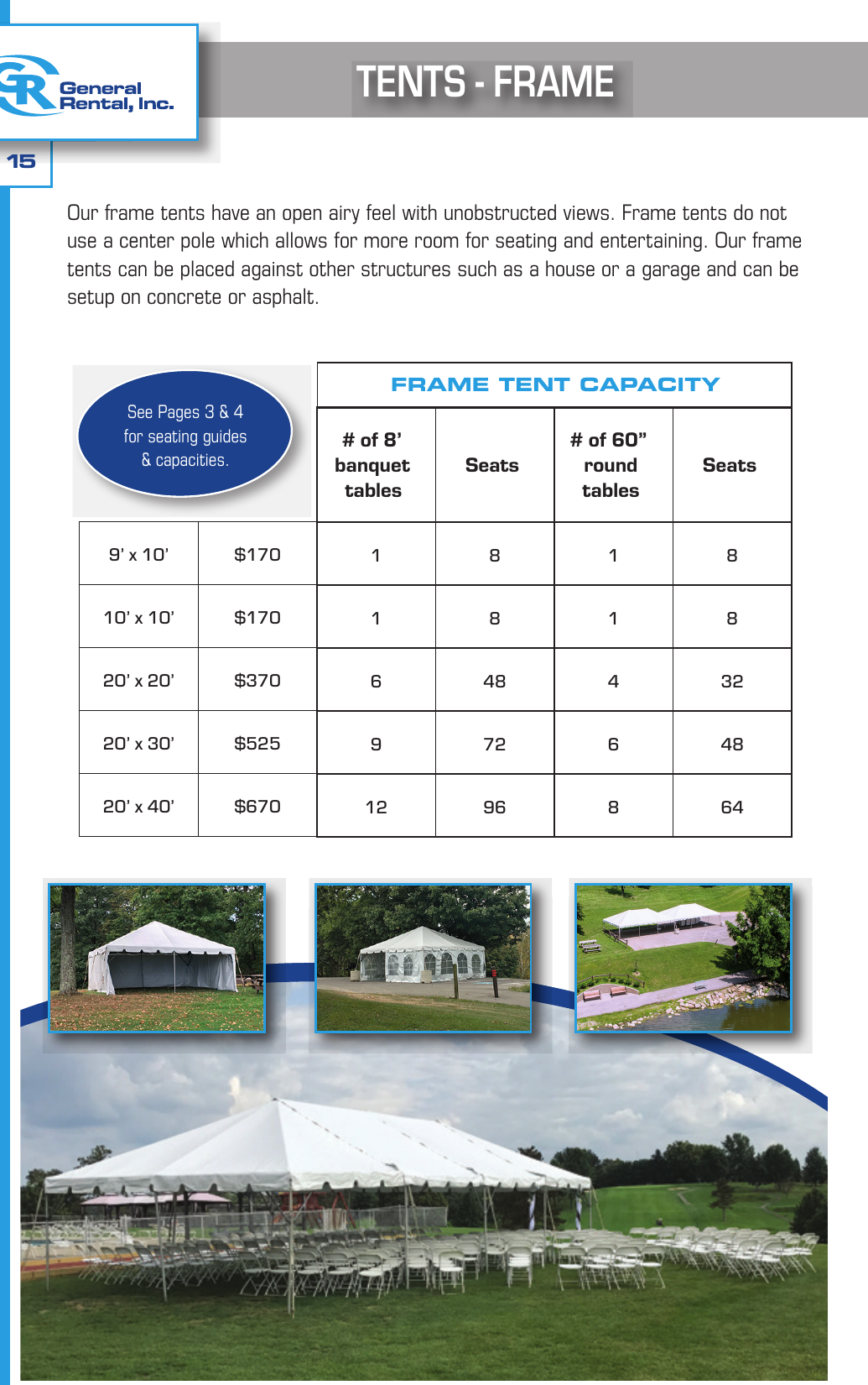 General Rental event catalog frame tent page showing sizes from 9 by 10 to 20 by 40 with seating capacities and frame tent photos