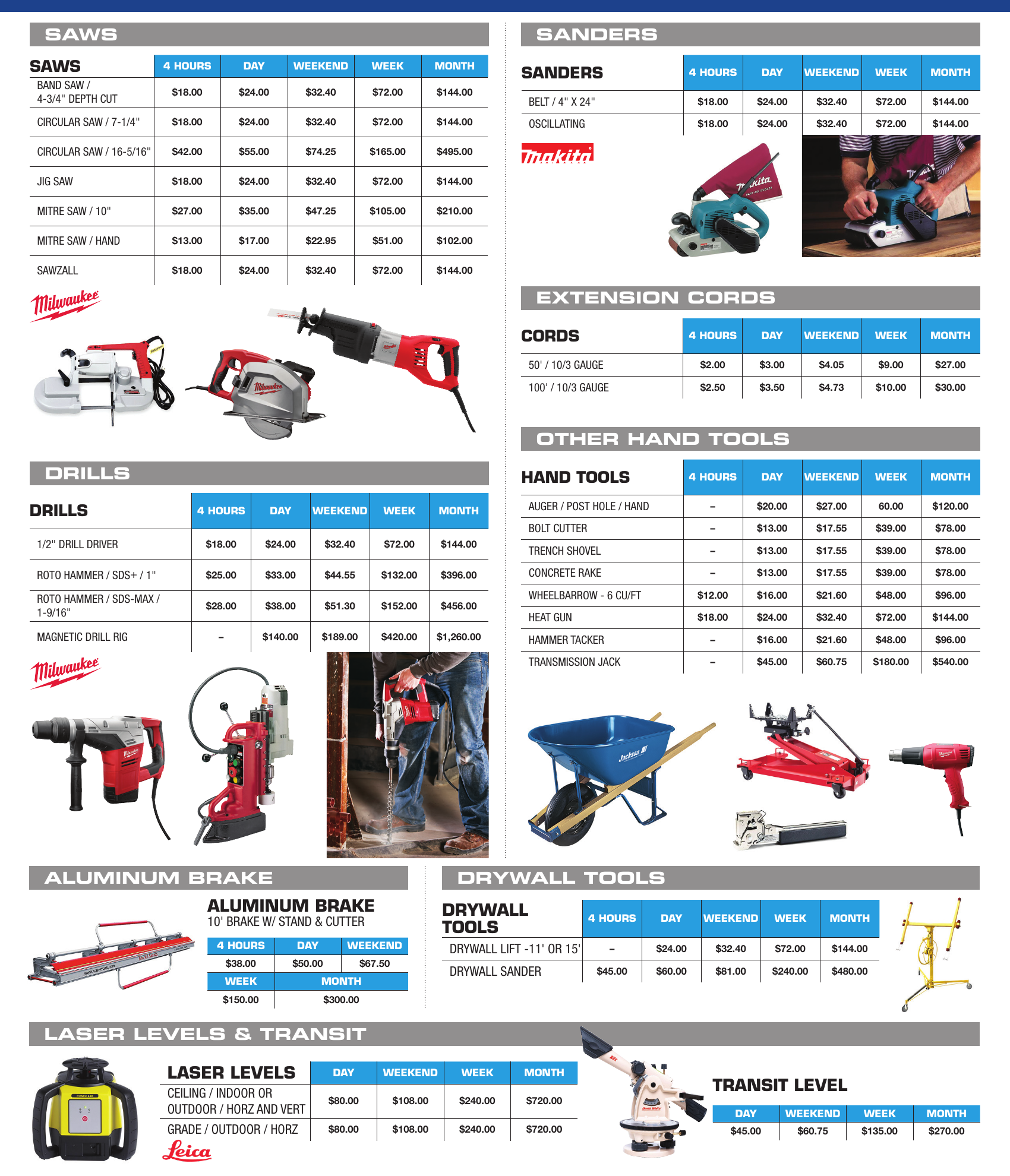 General Rental general construction tools catalog section showing roto hammer, wheelbarrow, and hand and power tools
