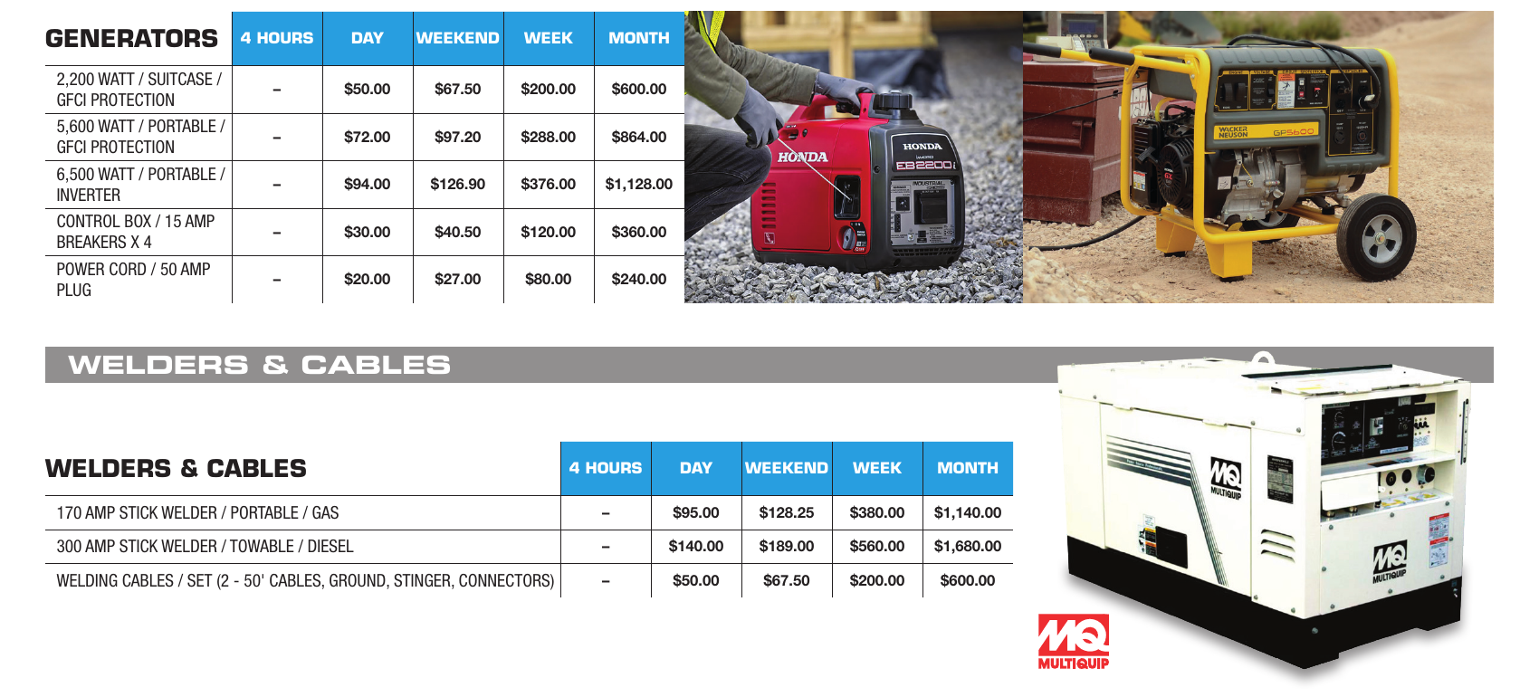 General Rental generators and welders catalog section showing Honda suitcase generator, portable generators, and Multiquip diesel welder