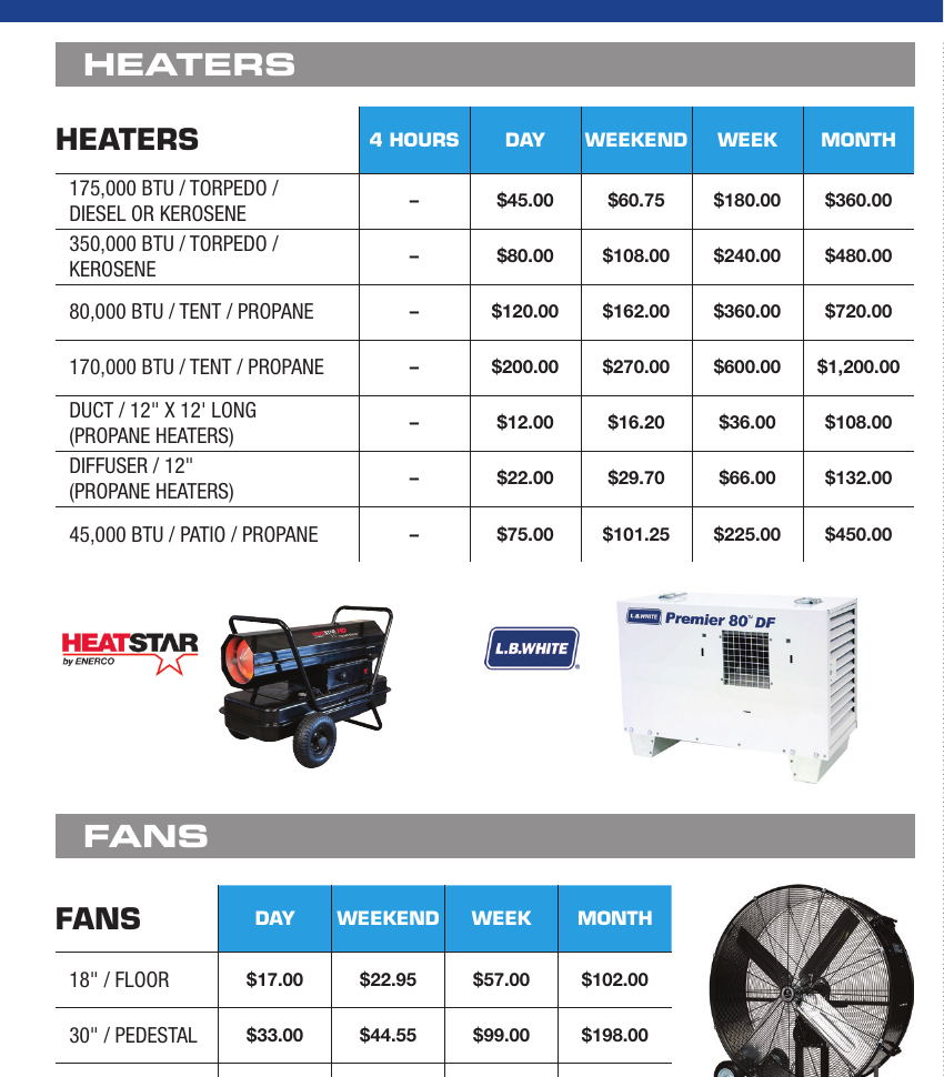 General Rental heaters and fans catalog section showing HeatStar torpedo heaters, L.B. White propane tent heater, and portable fans