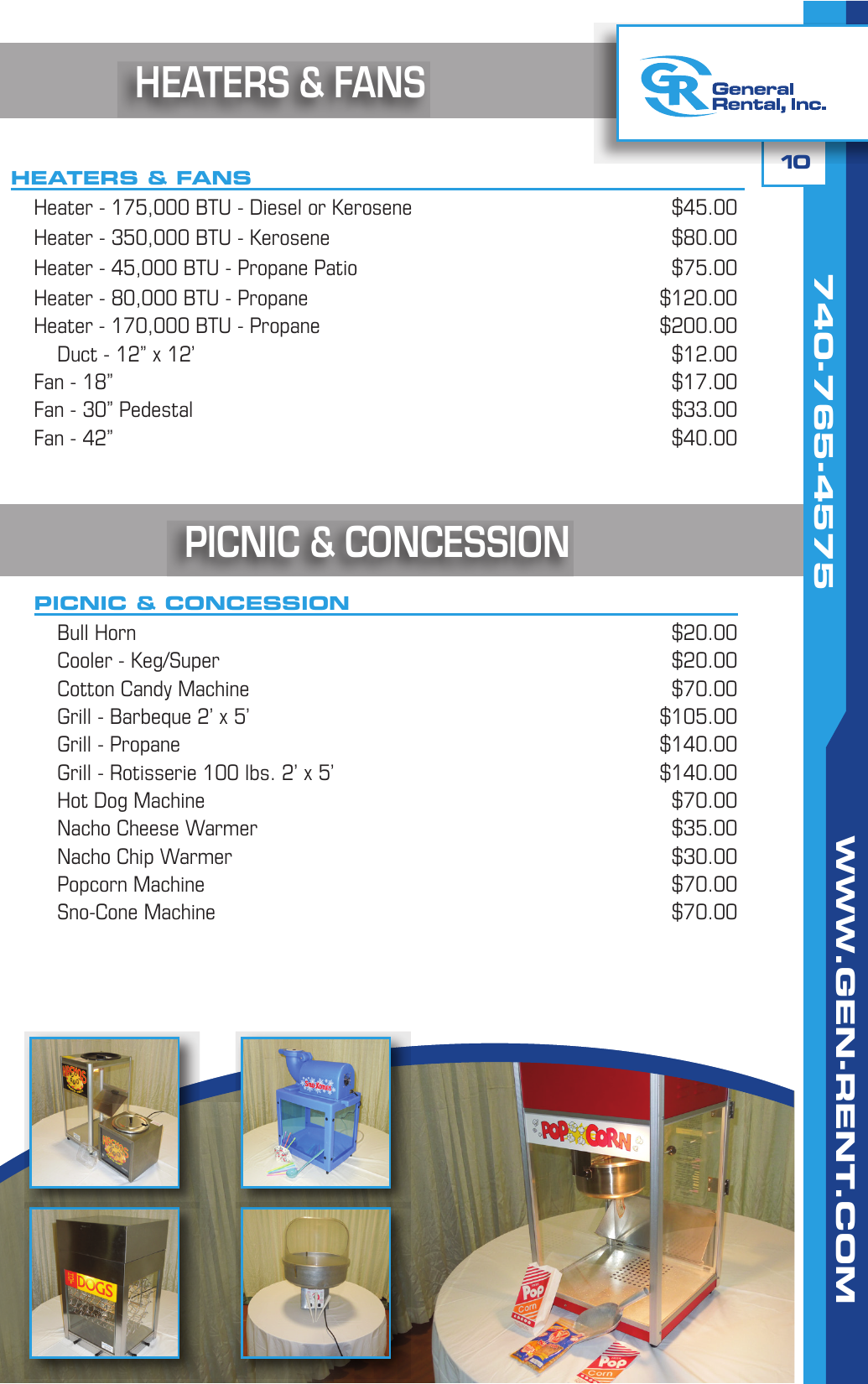 General Rental event catalog page showing heaters, fans, and picnic and concession equipment including grills, popcorn, cotton candy, sno-cone, and hot dog machines