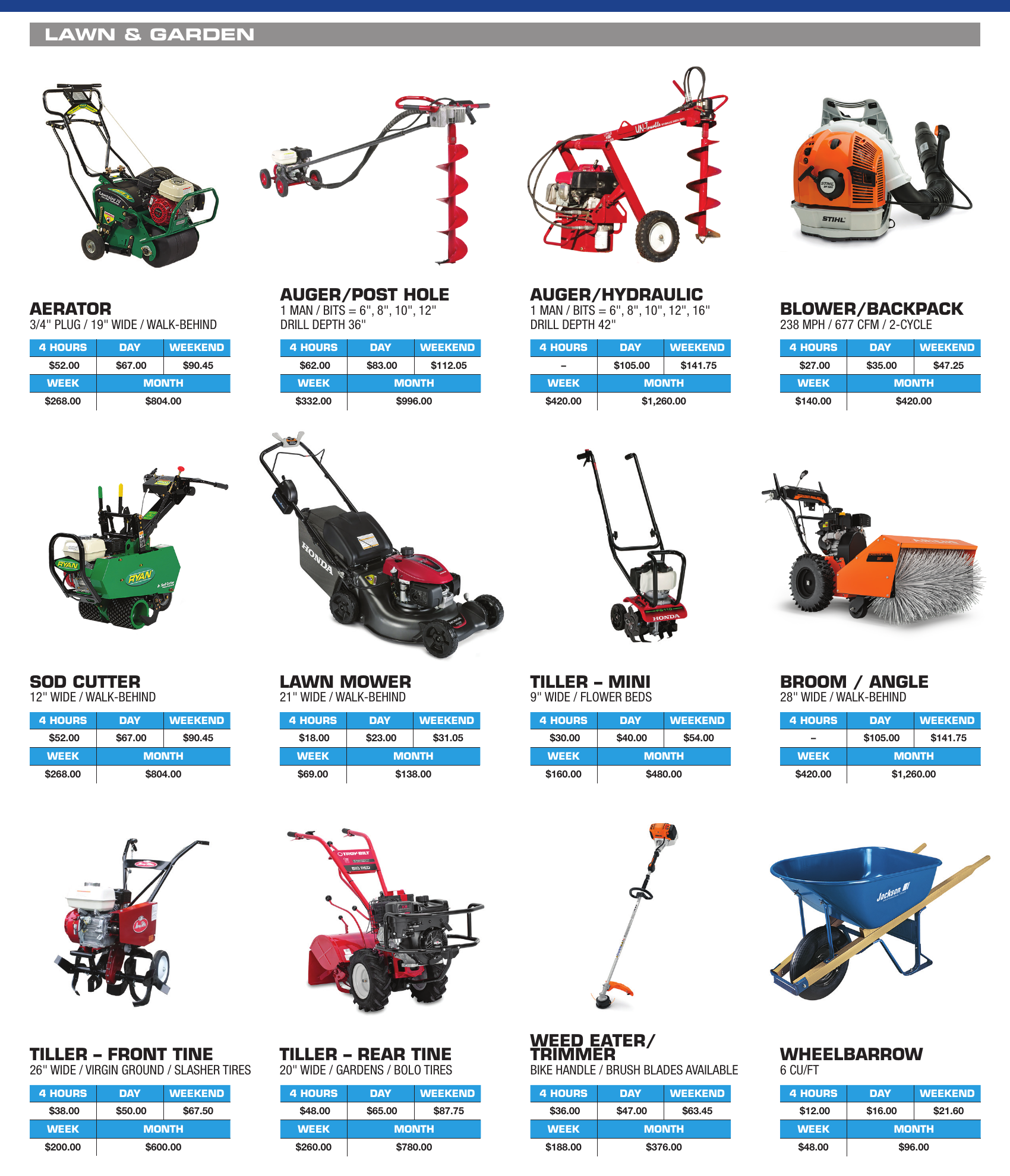 General Rental lawn and garden equipment catalog section showing tillers, log splitter, wood chipper, pole saw, and lawn tools
