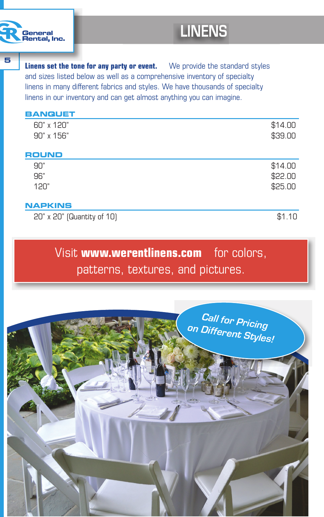 General Rental event catalog linens page showing banquet and round tablecloth sizes, napkins, and a decorated reception table
