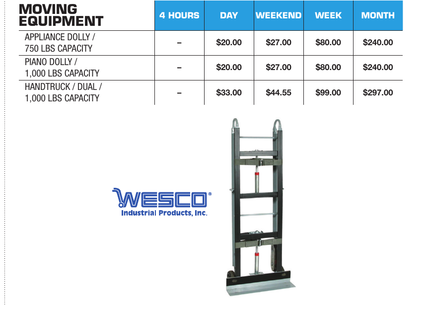 General Rental moving equipment catalog section showing Wesco appliance dolly, piano dolly, and handtruck