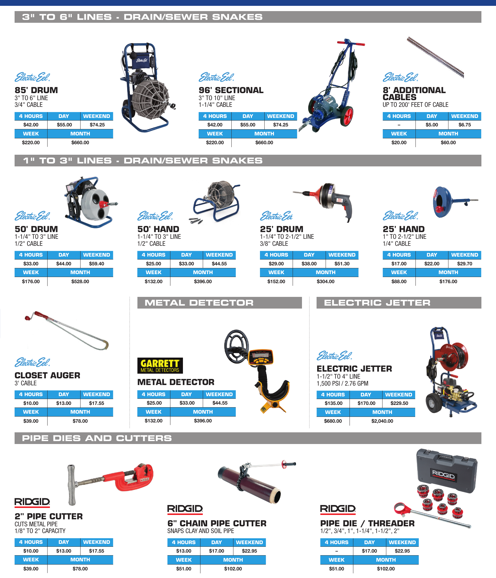 General Rental plumbing equipment catalog section showing drain snakes, pipe threader, and plumbing hand tools