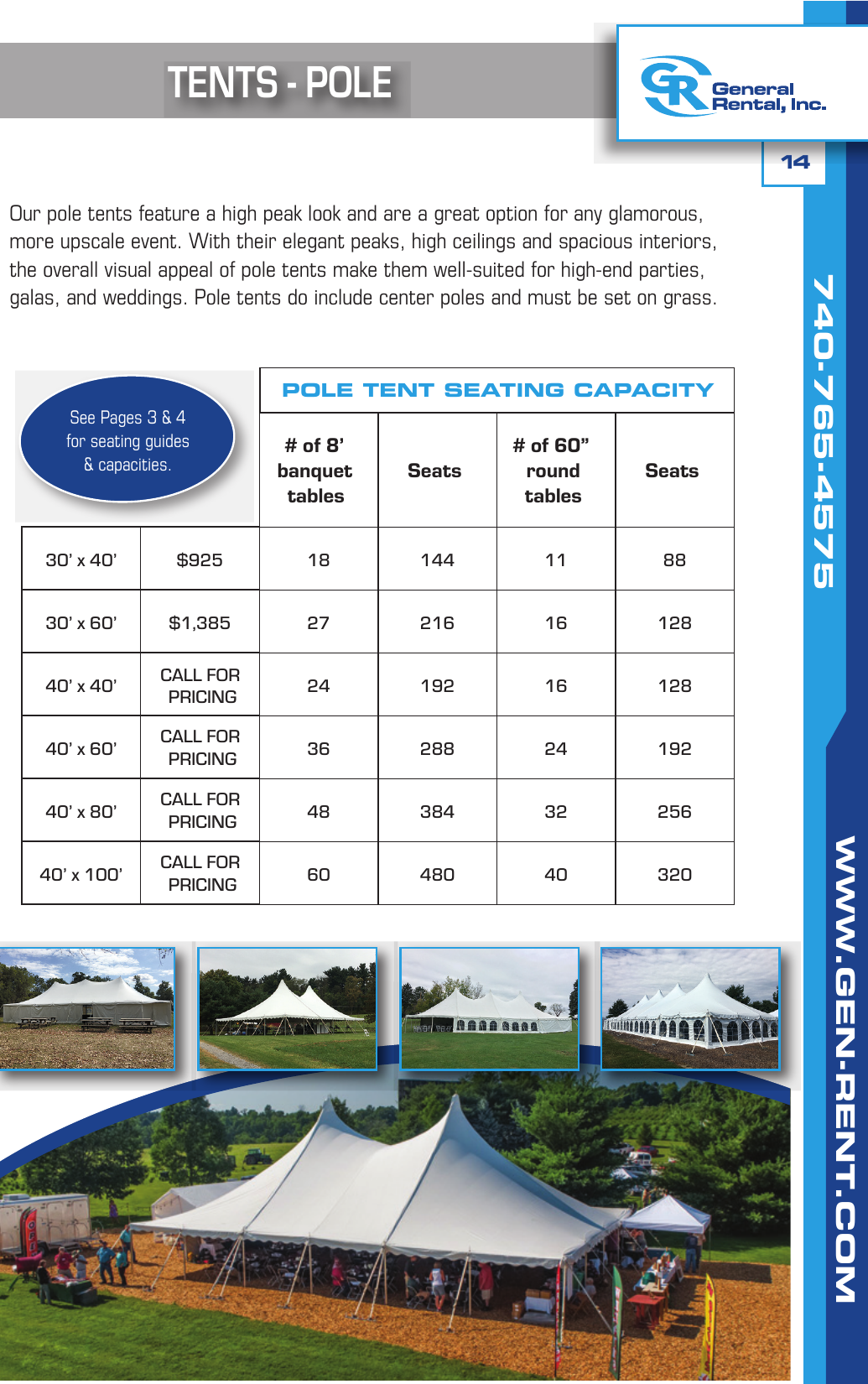General Rental event catalog pole tent page showing sizes from 30 by 40 to 40 by 100 with seating capacities and pole tent photos