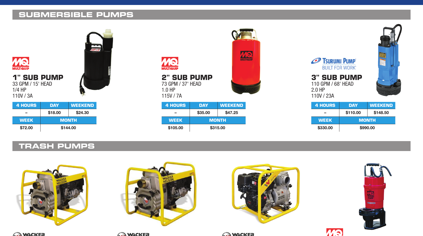 General Rental pumps and hoses catalog section showing Wacker Neuson trash pumps and Multiquip and Tsurumi submersible pumps