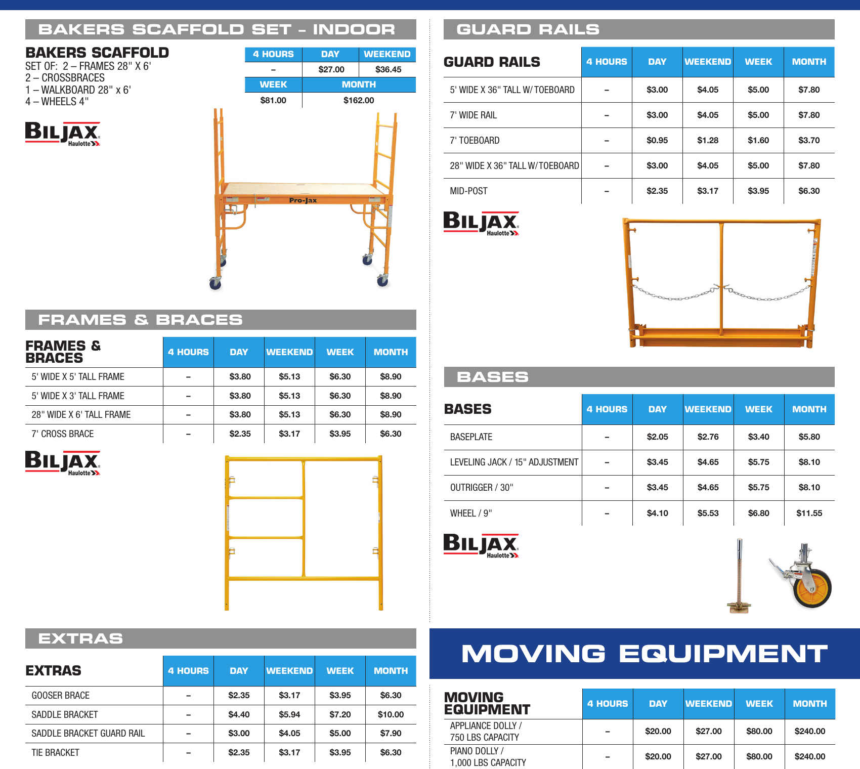 General Rental scaffold catalog section showing Bil-Jax bakers scaffold, frames, walkboards, guard rails, and bases