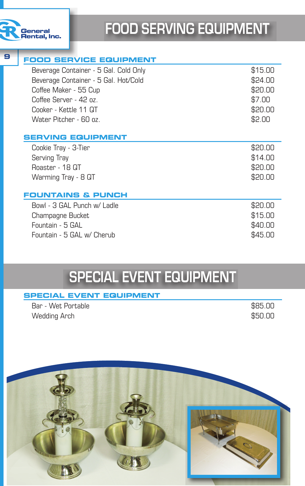 General Rental event catalog serving equipment page showing coffee makers, beverage containers, punch fountains, warming trays, wet bar, and wedding arch