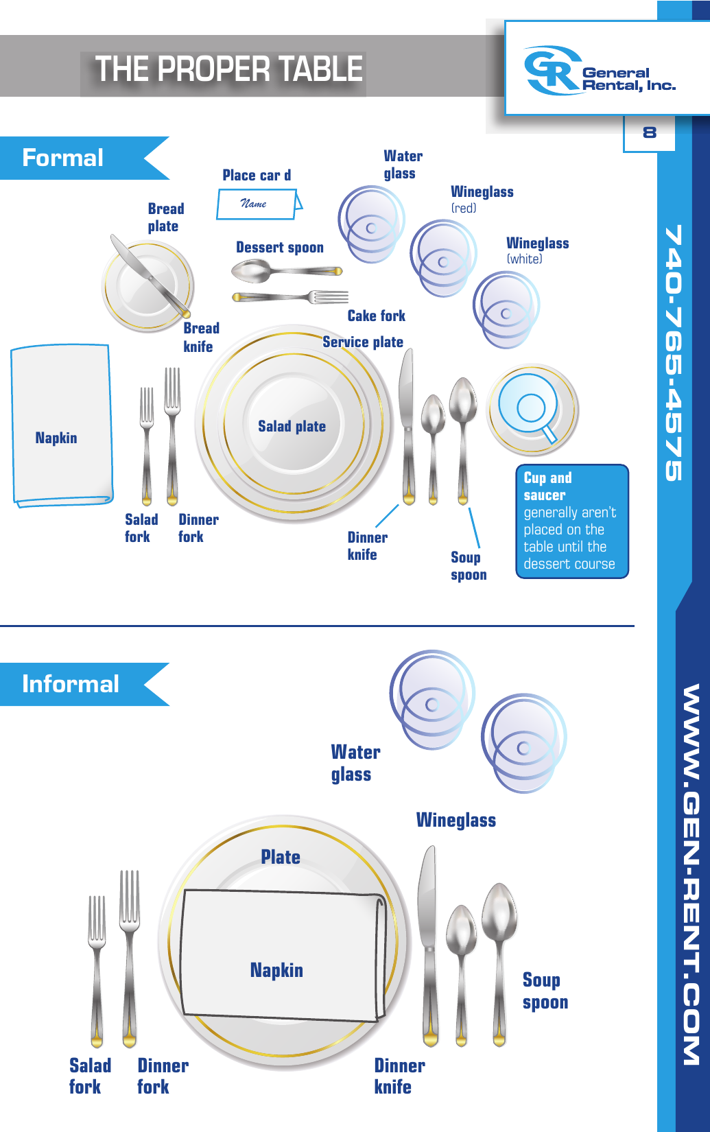 General Rental event catalog page showing formal and informal table setting diagrams with plates, flatware, and glassware