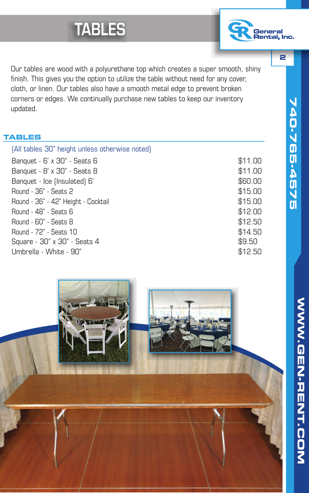 General Rental event catalog tables page showing banquet, round, cocktail, square, and umbrella tables with sizes and rates