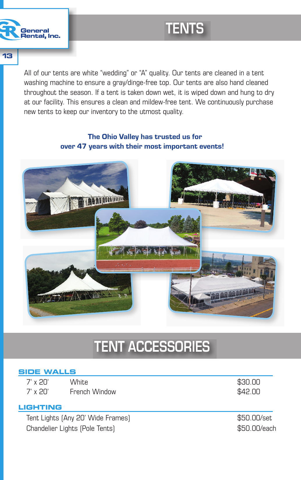 General Rental event catalog tent overview page showing pole and frame tent photos, cleaning process, and tent accessory pricing