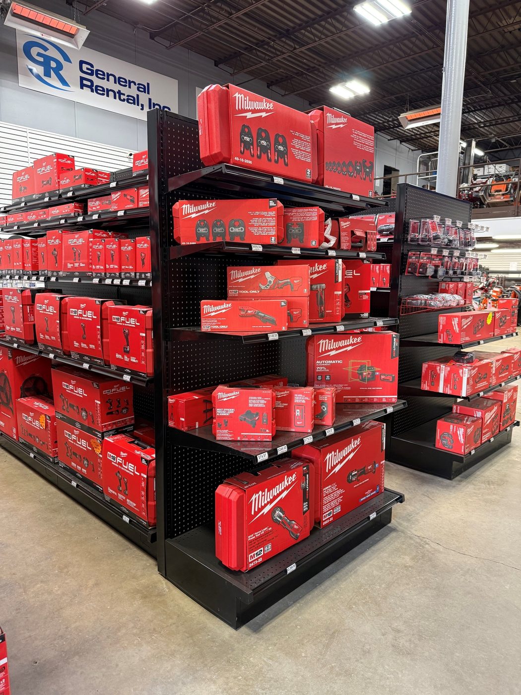 Milwaukee tool endcap at General Rental's Steubenville, Ohio location, with GR sign visible above
