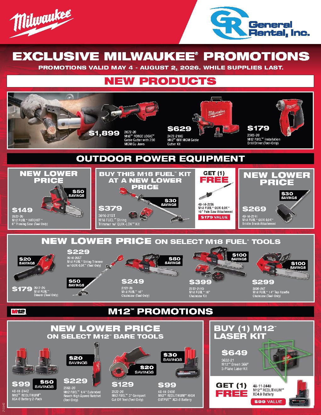 Cover of General Rental's exclusive Milwaukee promo flyer showing featured M18 and M12 deals