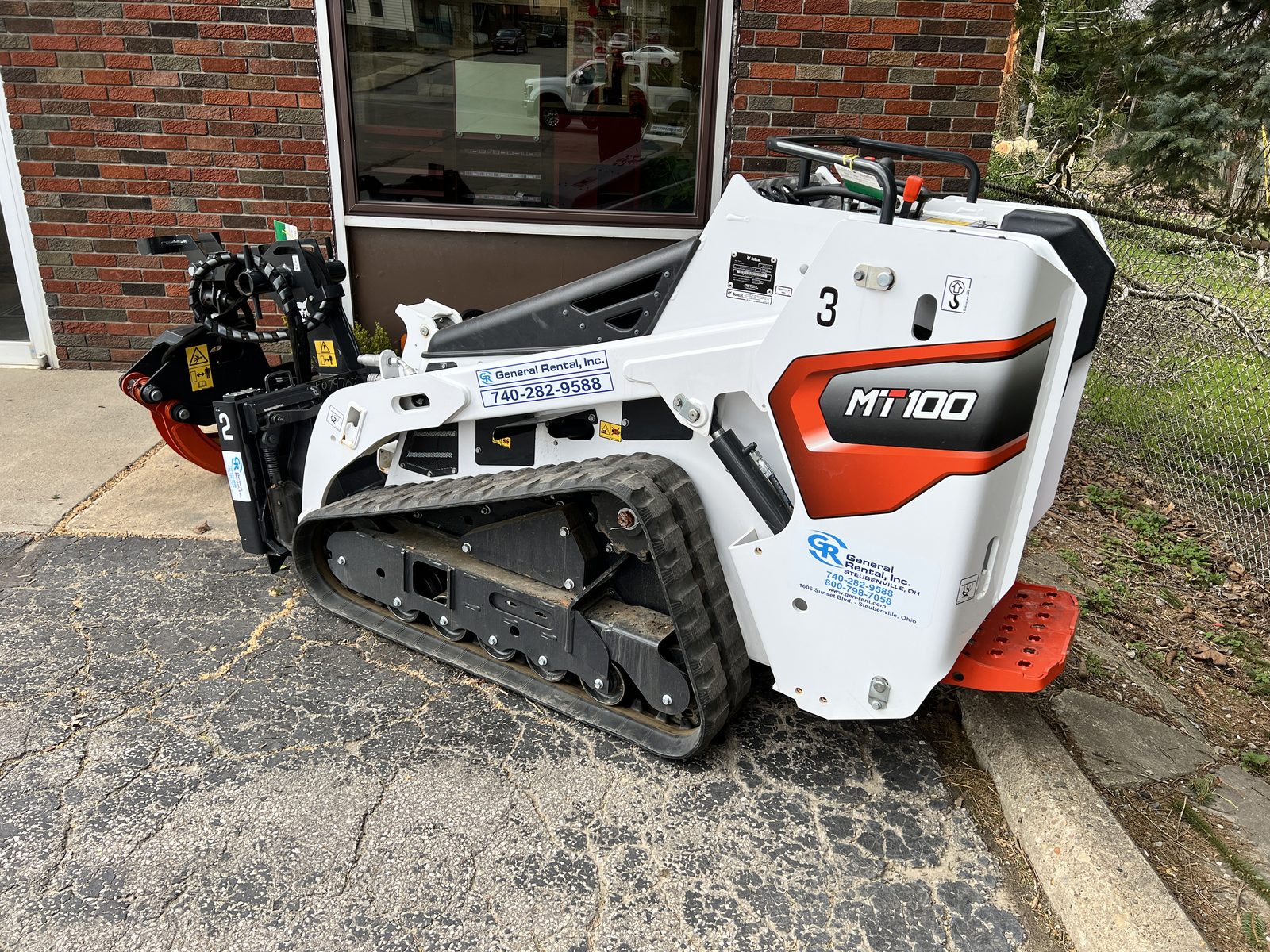 Bobcat MT100 mini track loader with General Rental branding parked at the Steubenville yard